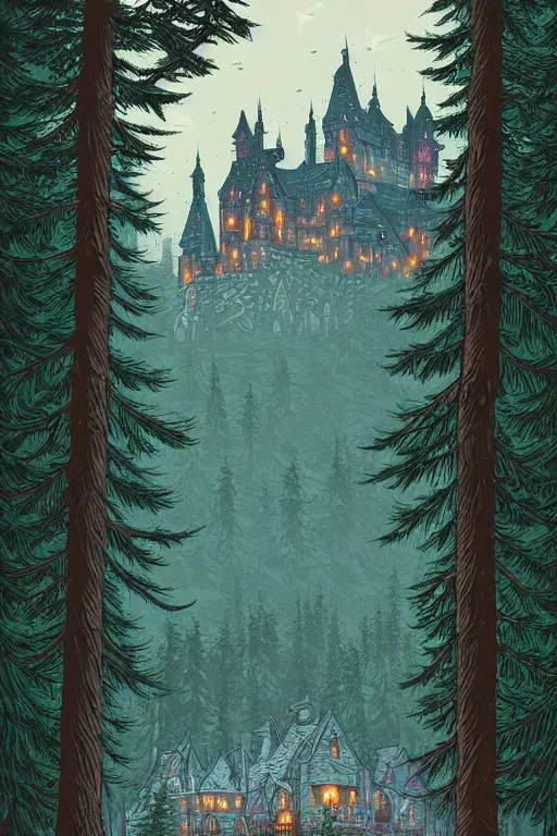 Prompt: A castle in the forest by Dan Mumford