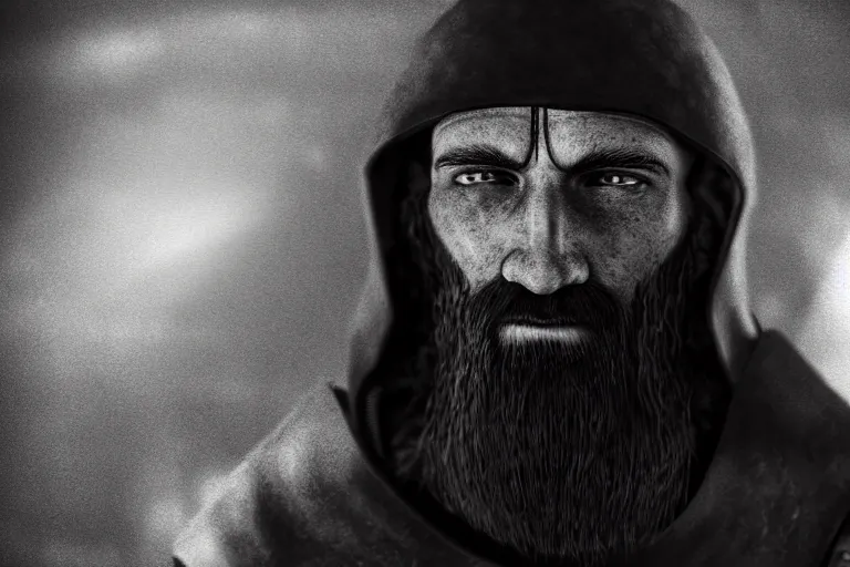 Prompt: still photo of medieval age man looking at the camera in a battlefield, black and white color aesthetic, highly detailed, photorealistic portrait, bright studio setting, studio lighting, crisp quality and light reflections, unreal engine 5 quality render