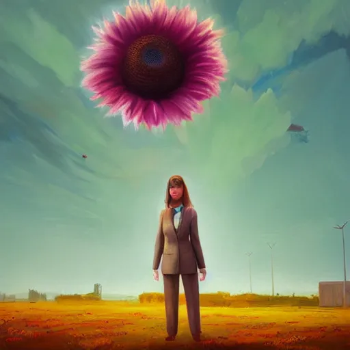 Image similar to giant daisy flower uber head, frontal, a girl in a suit, surreal photography, sunrise, dramatic light, impressionist painting, digital painting, artstation, simon stalenhag