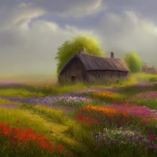 Image similar to a matte painting of a european prairie, cottages, foggy, patchy flowers, oil painting, pale colors, high detail, 8 k, wide angle, trending on artstation,