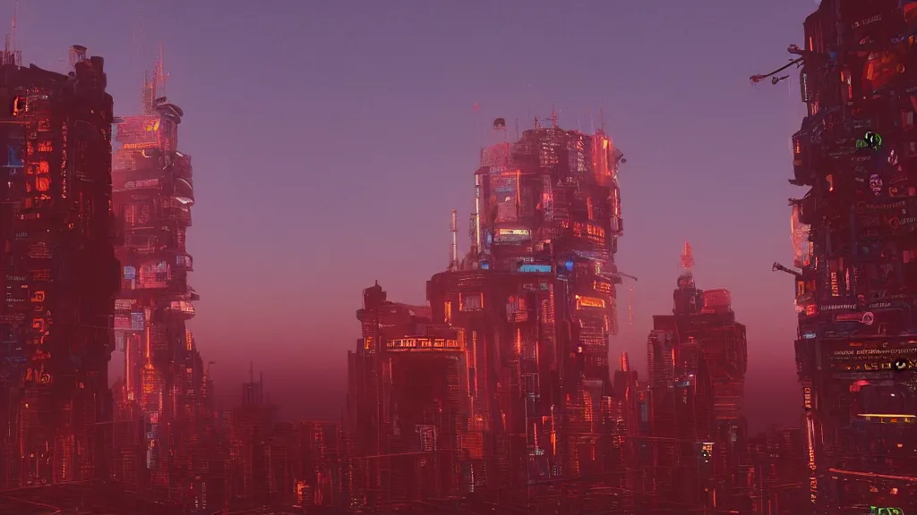 Prompt: an ancient cyberpunk tower, glowing in the evening, film still, epic shot cinematography