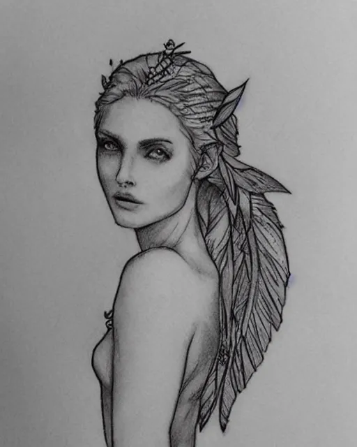 Image similar to tattoo sketch of beautiful greek goddess aphrodite with arrowhead earrings, beautiful feather jewelry, beautiful piercing eyes, flowing blonde hair, realistic face, hyper realistic, in the style of greg rutkowski, fantasy, amazing detail, epic, elegant, smooth, sharp focus, from the front