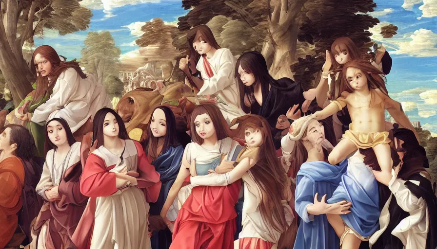 Image similar to jesus christ our lord being carried by cute lightly dressed anime girls, photorealistic, anime, mini skirt, long hair, renaissance painting, hyper real, detailed, wide angle shot, ultra detailed