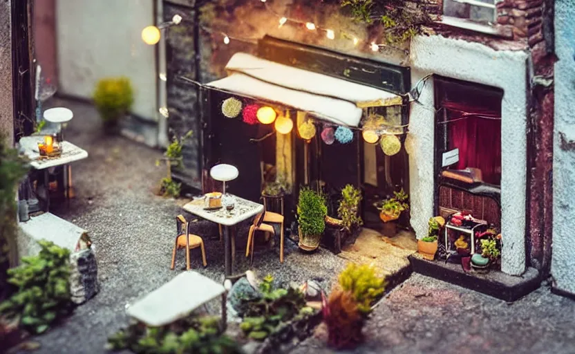 Prompt: mini cafe diorama macro photography, alleyway, cafe for felted animals, ambient, atmospheric photograph, string lights, romantic