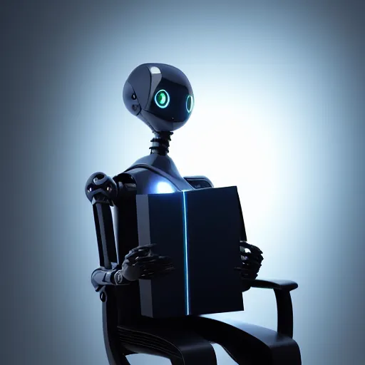 Image similar to a lonely sleek futuristic humanoid robot with big sad OLED eyes and rectangular mouth sits reading a hardbound leather book on a comfortable electronic chair. Cinematic Lighting, Cinematic Movie Photograph, Arri Alexa, Extremely Detailed, smooth, very very clean, simple, 8K, octane render, maya render, unreal engine, trending on artstation, DSLR