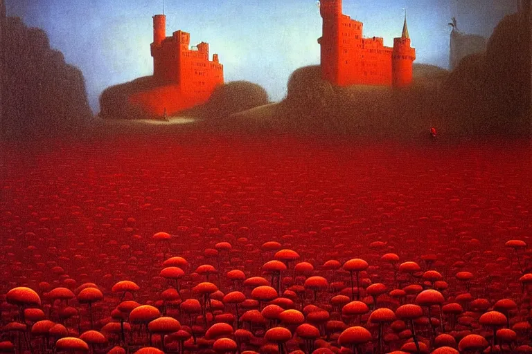 Image similar to only with red, red mushrooms of different types, a red tiger, a castle in the background, medieval demons dance over the flowers, an ancient path, in the style of beksinski, part by hopper, part by rodcenko, part by hofbauer, intricate composition, red by caravaggio, insanely quality, highly detailed, masterpiece, red light, artstation