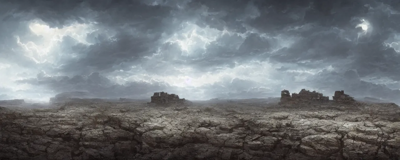 Image similar to spooky face in the clouds over a barren rocky landscape, [ cinematic, detailed, epic, widescreen, opening, establishing, mattepainting, photorealistic, 4 k, octane render, art by greg rutkowski ]