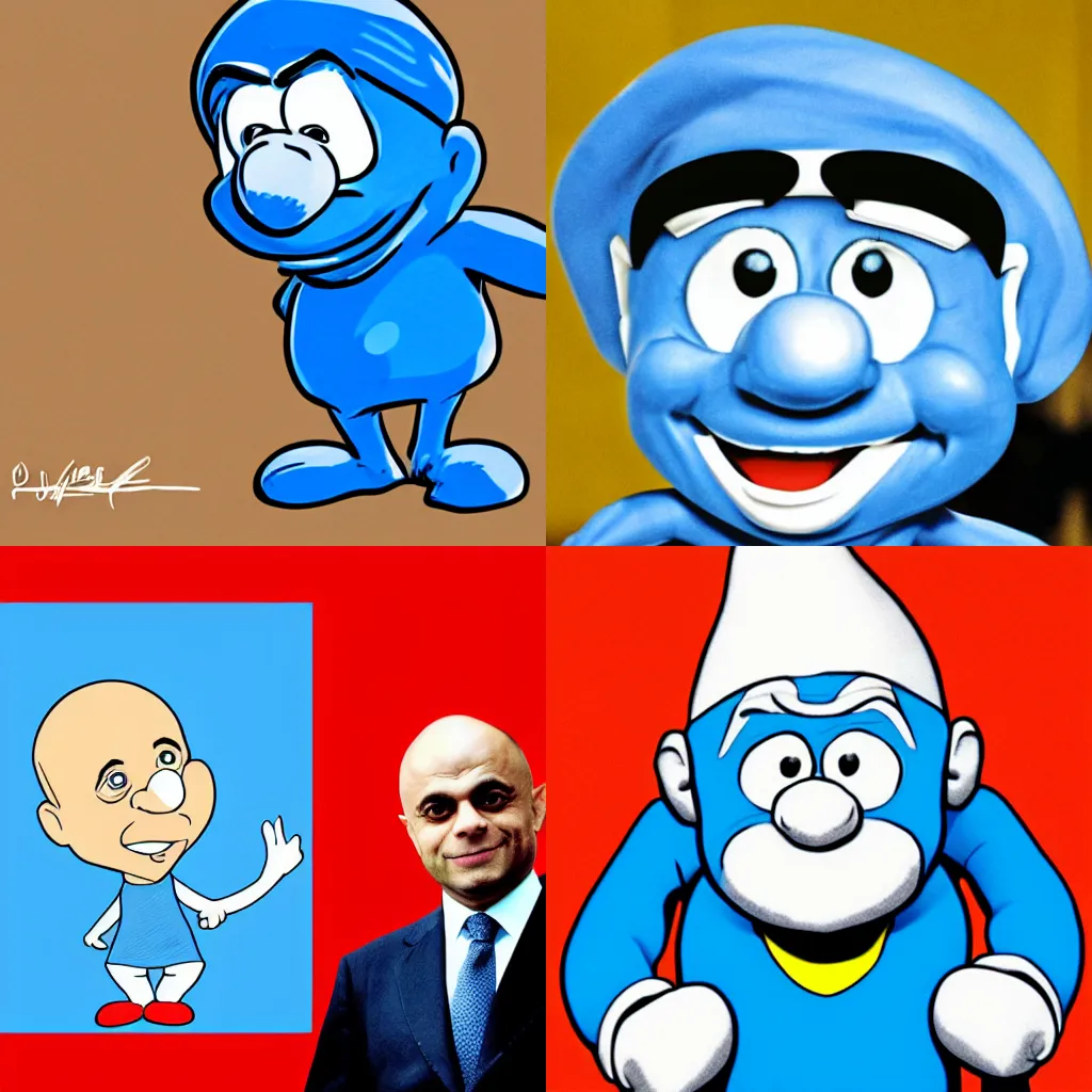 Prompt: A cartoon of Sajid Javid as a smurf, flat shading, by Peyo,