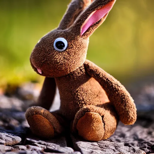 Prompt: a photo of a little brown bunny muppet plush wearing a cool ninja outfit and posed out in nature, photorealistic, photography, ambient occlusion, god rays, rtx, national geographic