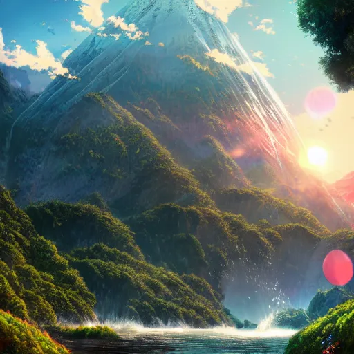 Prompt: mountains, sun, water, japan, anime style art, soft, concept art, intricate details, highly detailed, colorful, photorealistic, disney pixar, octane render, iridescent, anime, 8 k