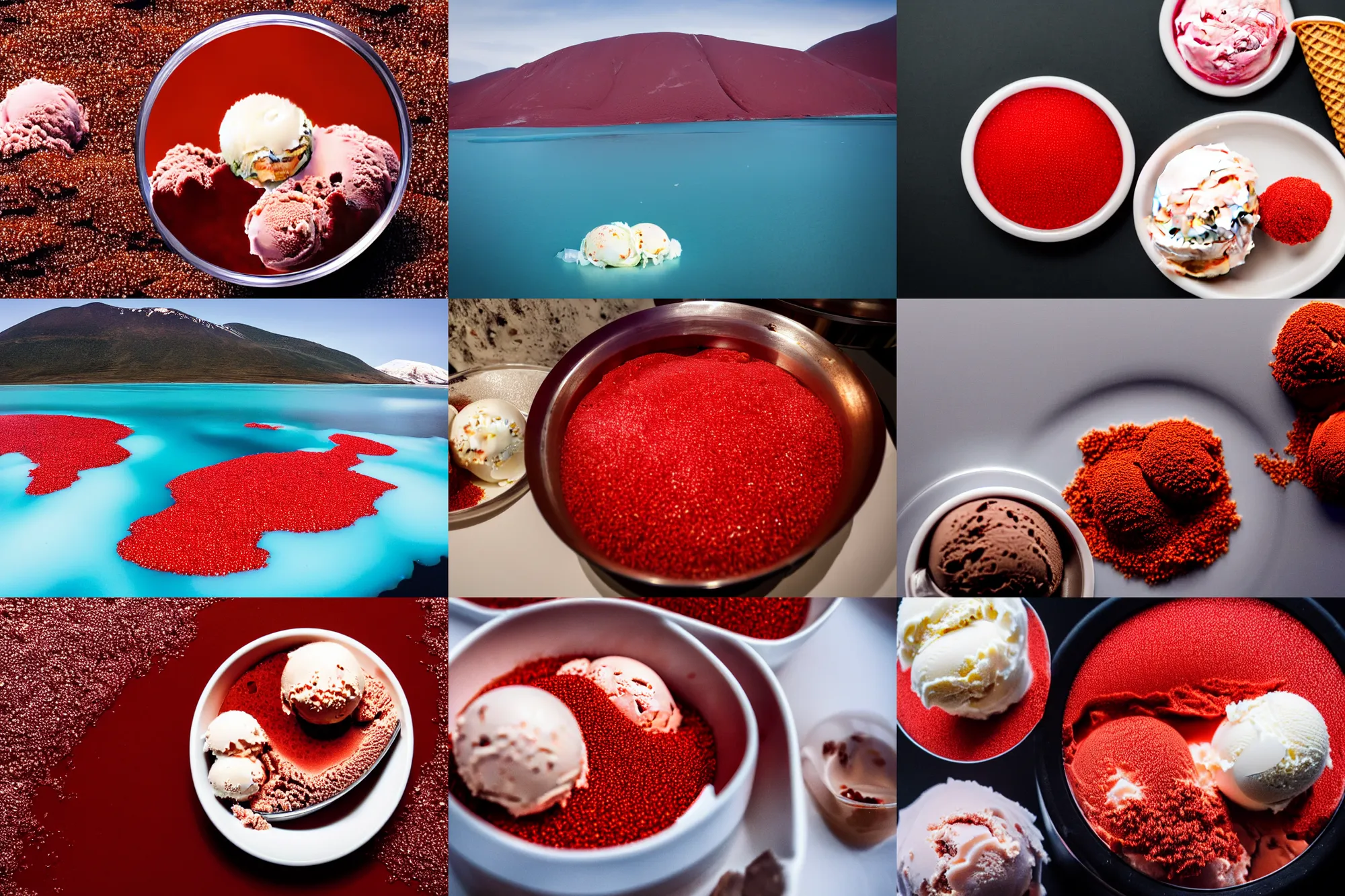 Image similar to a large island of red caviar and ice cream and brown water in the center of which there are ice cream instead of mountains