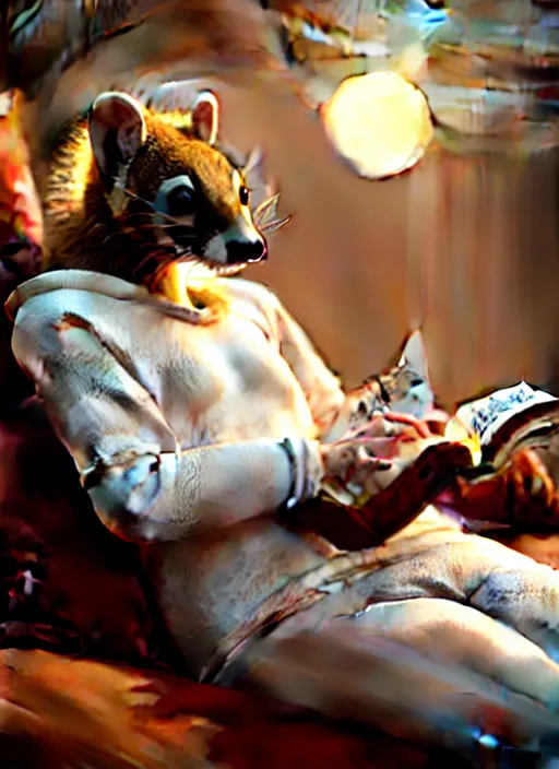 Image similar to A beautiful scene featuring a humanoid pine marten in loose white clothing reading on a couch. Golden hour. Hyperrealistic. Trending on CGSociety.