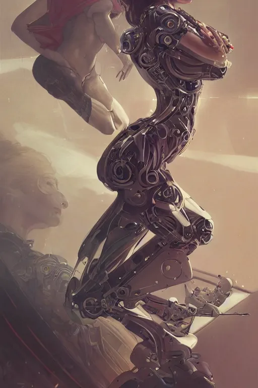 Image similar to Ultra realistic illustration, woman lying on a robot, cyberpunk, sci-fi, fantasy, intricate, elegant, highly detailed, digital painting, artstation, concept art, smooth, sharp focus, illustration, art by artgerm and greg rutkowski and alphonse mucha