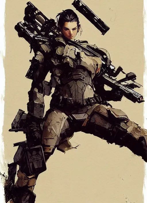 Image similar to kendall Jenner wearing metal gear armor holding gun dramatic lighting art by Richard Schmid by Hokusai by Yoji Shinkawa by greg rutkowski by Sandra Chevrier cinematic dramatic