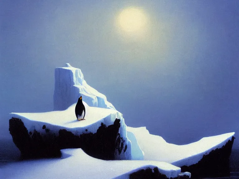 Prompt: an oil painting of a penguin playing in pure white snow on an iceberg in a serene ocean at dusk. aurora. by beksinski tuomas korpi moebius and carl spitzweg. baroque elements. intricate artwork by caravaggio. oil painting. oil on canvas. award winning. dramatic. trending on artstation. 8 k