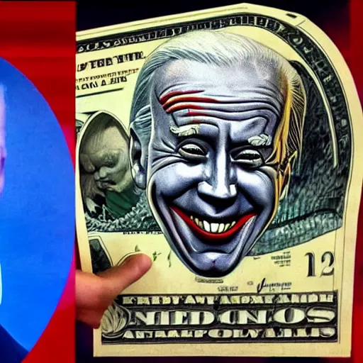 Image similar to joe biden as pennywise printing dollars, photo portrait, hyper realism, symmetry, awesome exposition, cnn news broadcast screen capture, very detailed, highly accurate, professional lighting diffracted lightrays, 8 k, sense of awe