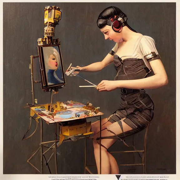 Image similar to robot artist painting a self - portrait on a canvas. intricate, highly detailed, photorealistic, film still, by alexandros pyromallis, gil elvgren, sachin teng.