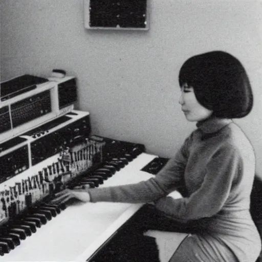 Image similar to 1 9 7 0 s polaroid of a female japanese musician playing a vintage modular synthesizer, hazy, faded