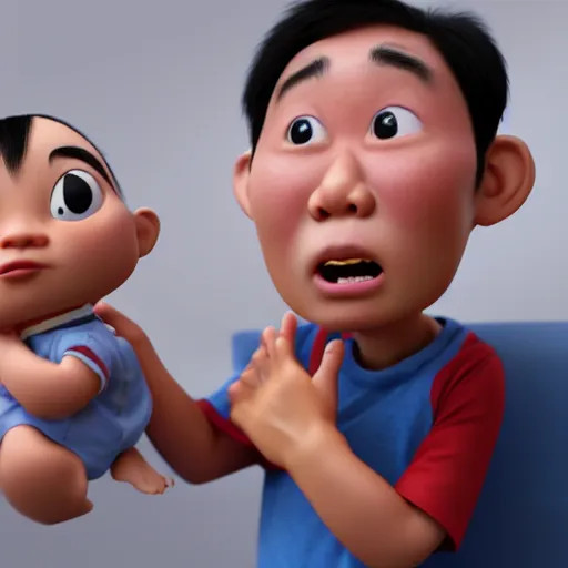 Prompt: shocked asian man cannot believe his eyes that he is holding a baby charles barkley at hospital, artstation, pixar, 3 d render