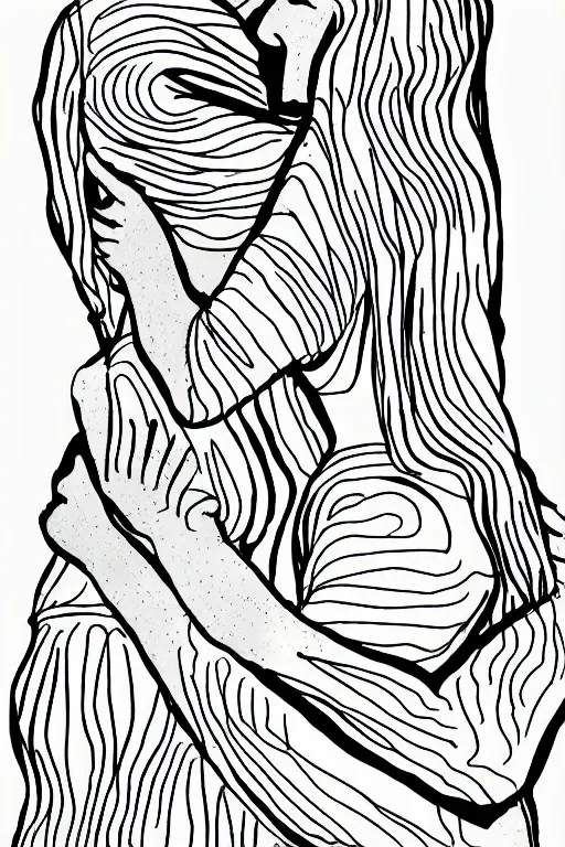 Prompt: graphic art illustration single line drawing of a hug