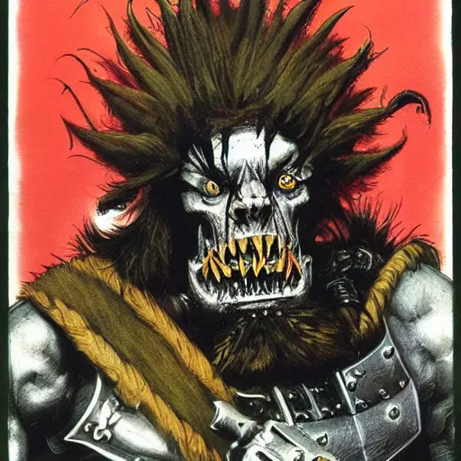 Image similar to Heavy metal Ork, Orkboy, Ork, 80s metal, mohawk, shaggy hair, New Wave of British Heavy Metal, Frank Frazetta, pulp art, illustration