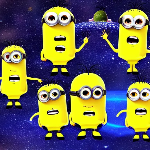 Image similar to digital art of minions in outer space