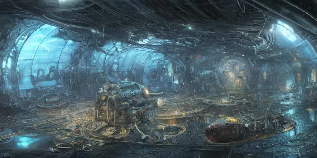 Prompt: by John Howe and Moebius and Bastien Lecouffe Deharme and Andreas Rocha A beautiful hyper realistic detailed matte painting of room of a a very shiny detailed submarine control panel made of iridescent motherboards, in the middle of an empty room, trending on artstation ,trending on behance, trending on discord, trending on disco diffusion, unreal engine