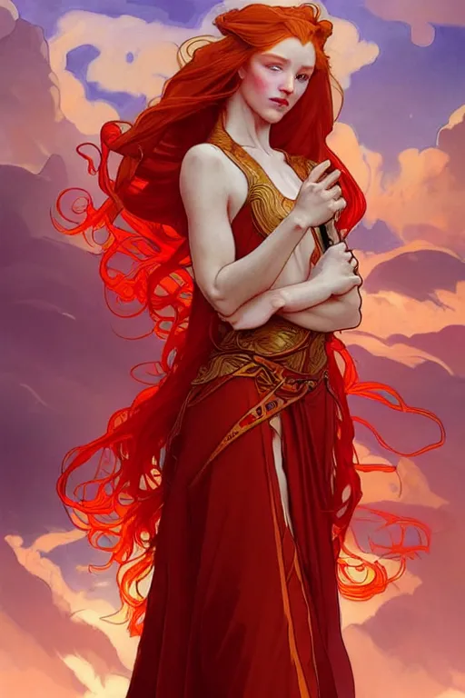 Image similar to a beautiful princess holding a fireball, ginger hair with freckles, wearing long flowing red robes inspired by alphonse mucha, standing on a mountain top with epic clouds and godlike lighting, intricate illustration and highly detailed digital painting. concept art by artgerm. inspired by brom art and larry elmore.