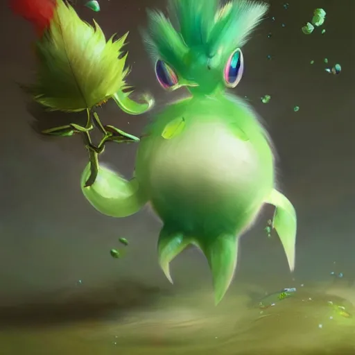 Prompt: a cute berry type pokemon, green feathers bursting out of his hair, highly detailed digital art, 3 d perspective, award - winning illustration, aesthetic, smooth, pokemon style, made by greg rutkowski, in an alien landscape