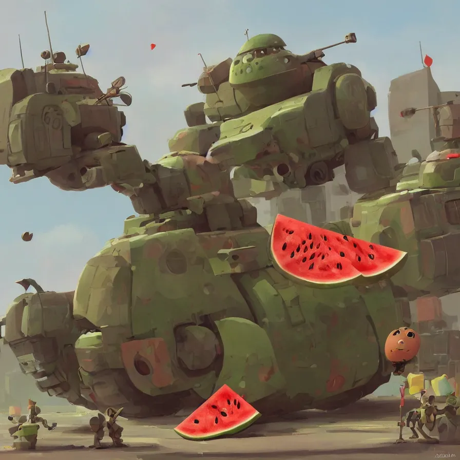 Image similar to Goro Fujita illustrating a watermelon military machine defending a city, art by Goro Fujita, sharp focus, highly detailed, ArtStation