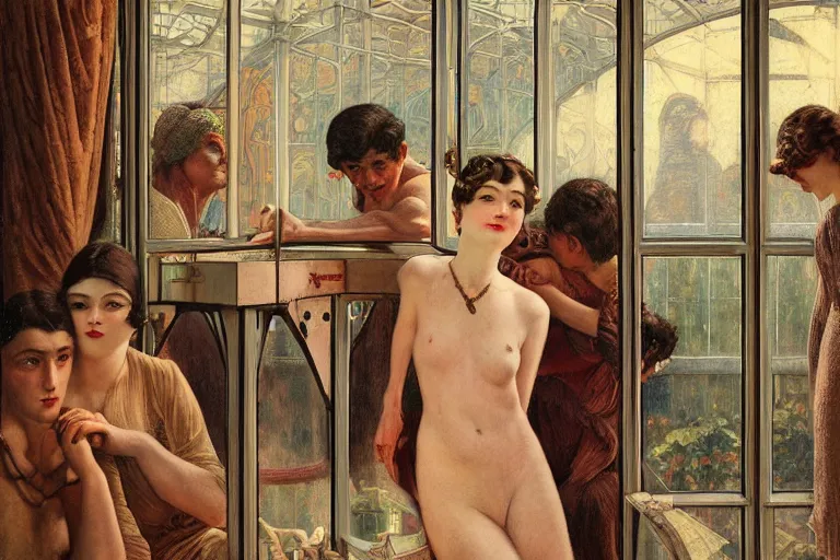 Image similar to detailed people in 1 9 2 0 s movie theatre, exterior greenhouse, portrait face, in the style of frantisek kupka, intricate, miles johnston, keita morimoto, kuroda seiki, cynical realism, ozabu, john william godward, painterly, yoshitaka amano, moebius, beautiful lighting