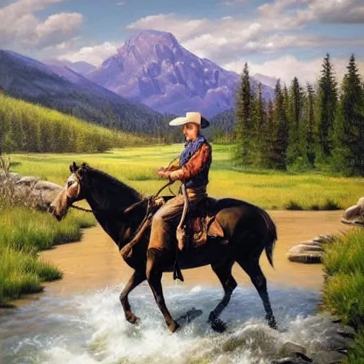 Image similar to hyper realistic painting in realism style of a cowboy on a horse crossing a river with mountains in the background