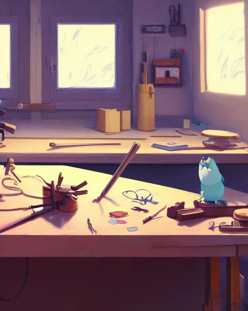 Image similar to tools on working table at woodworker shop, detailed, cory loftis, james gilleard, atey ghailan, makoto shinkai, goro fujita, studio ghibli, rim light, exquisite lighting, clear focus, very coherent, plain background, soft painting