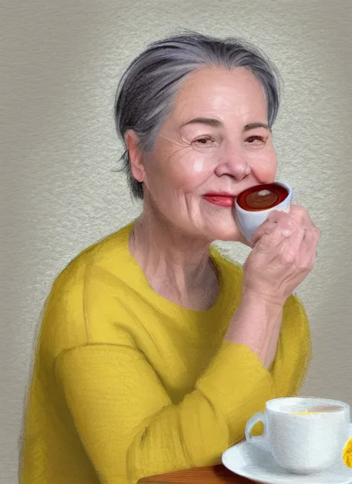 Image similar to middle - aged woman sitting in a table with a hot cup of tea, small wide smile, mandel eyes, forehead, small plump lips, oval face, wrinkled big cheeks calming white background of a kitchen with yellow flowers, pastel colours, thin blurry lines, digital painting, artstation, matte, sharp focus, illustration, realistic oil painting