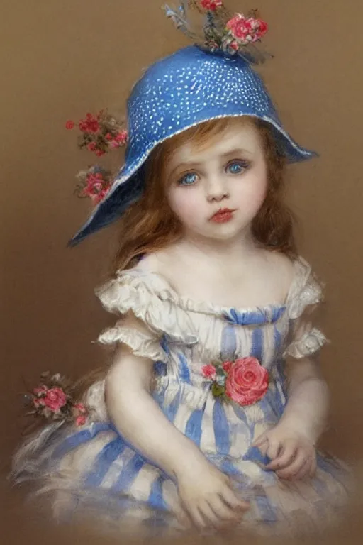 Prompt: cute girl big eyed with blue striped dress and flowery hat by jean - baptiste monge