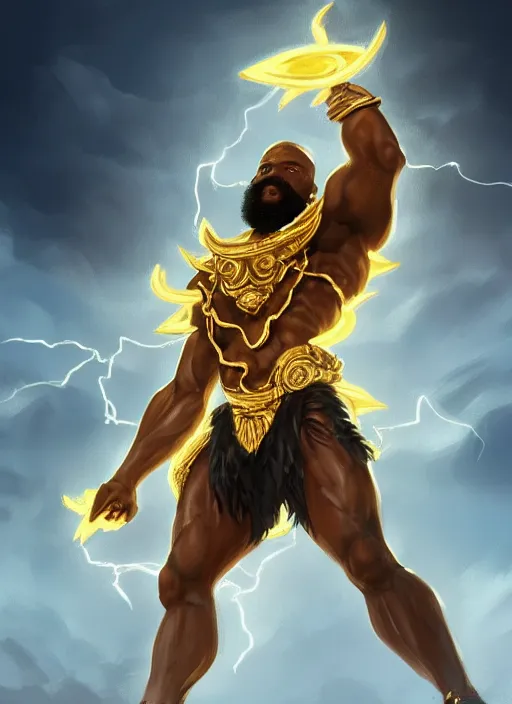 Image similar to a highly detailed illustration of bearded short haired fade african god of lightning, wearing gold chains on neck and arms, evil summoning lightning pose, moonlit clouds background, muscular, intricate, elegant, highly detailed, centered, digital painting, artstation, concept art, smooth, sharp focus, league of legends concept art, WLOP