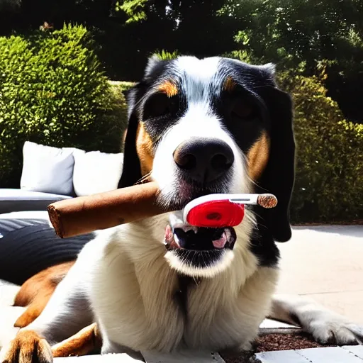 Image similar to a very detailed photo of a dog smoking a cigar outside the mansion by the pool