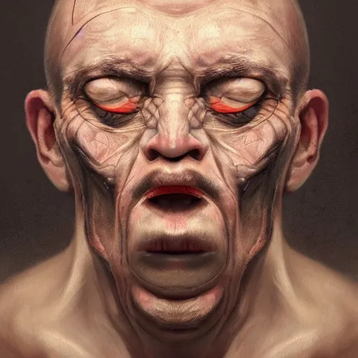 Image similar to closeup portrait of a man with bulging unblinking eyes, shrivelled neck with strange lines, wide mouth with thick lips, flat nose, tiny ears, squamous grayish skin, constant alopecia, creepy, dramatic light, painted by stanley lau, painted by greg rutkowski, painted by stanley artgerm, digital art, trending on artstation