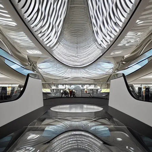 Image similar to extremely detailed ornate stunning beautiful elegant futuristic museum lobby interior by Zaha Hadid