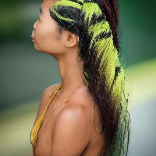 Image similar to beautiful tanned Vietnamese boulderer, green streaks in hair, trending on instagram, portrait, photorealistic,