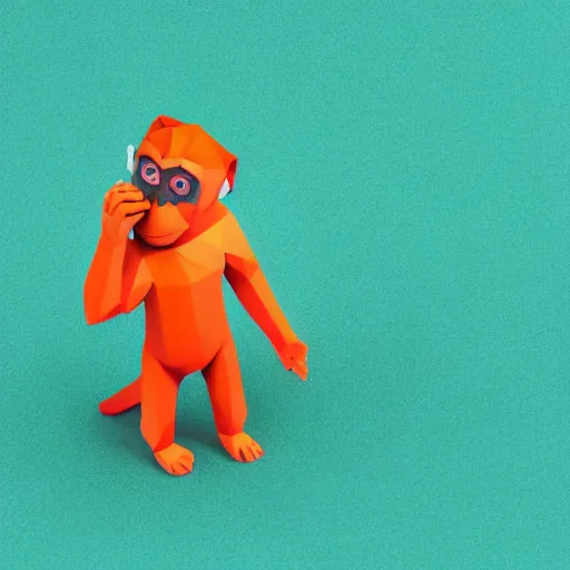 Prompt: A brightly coloured, cute isometric low polygon 3d render of a [monkey hiding his eyes with his hands 🙈], white background, ambient occlusion, chibi, angular