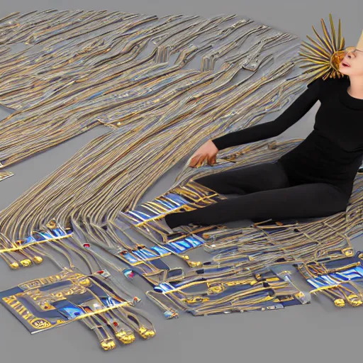 Image similar to tapping in to something greater, piles of modular synth cables, goddess laying down wearing a big headpiece made of circuit boards in a photo shoot for balenziaga, wlop, stanley kubrick, masamune, unique perspective, eastman color, perfect details, trending on artstation, 3 d render, smooth render, wlop