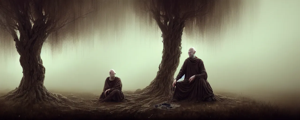 Image similar to duotone telephoto concept illustration 3 / 4 portrait bald demonic merchant sitting below willow tree in a fog rustical style. medieval brown tunic with pouches. cinematic volumentric lighting. accidental renaissance. by sachin teng and sergey kolesov and ruan jia and heng z. graffiti art, scifi, fantasy, hyper detailed. octane render. trending on artstation