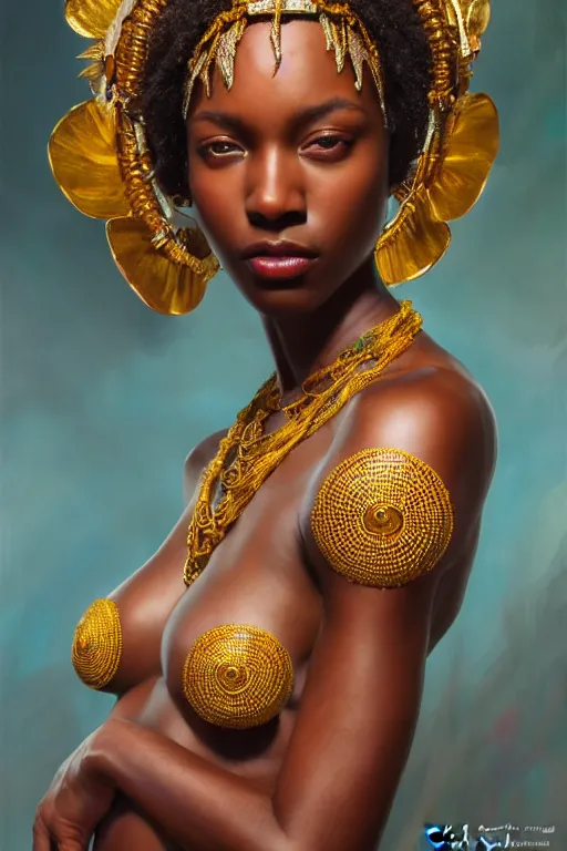 Prompt: expressive oil painting, of alluring jamaican princess, smooth glowing skin, oiled body, stoic eyes, love, adoration, ornate headpiece of african beads, heavyily tattooed, glamour shot, by yoshitaka amano, by greg rutkowski, by jeremyg lipkinng, by artgerm, digital art, octane render