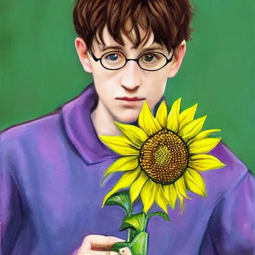 Image similar to hyperrealistic portrait harry poter holding a sunflower in the background there is a beautiful full moon