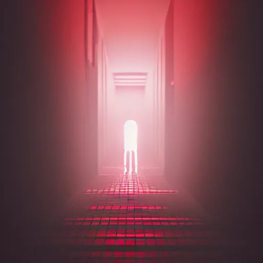 Image similar to photograph of an extremely dark narrow hallway with glowing humanoid cryptid made out of television static, dark deep black shadows, red and black color contrast in the style of trevor henderson, liminal space, 3 d octane render, glitch effect