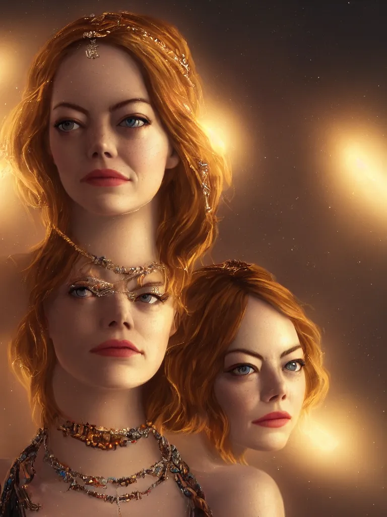 Prompt: close up portrait of emma stone as a beautiful female goddess with glowing necklace, stone courtyard background fantasy atmosphere, decolletage, confident pose, coherent, insane detail, concept art, character concept, cinematic lighting, global illumination radiating a glowing aura