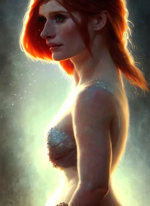 Prompt: portrait of bryce dallas howard, digital art by artgerm and greg rutkowski, gaston bussiere, sakimi chan and android jones and karol bak, cinematic lighting, trending on artstation, volumetric dust, intricate, elegant