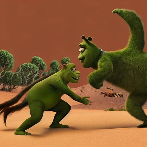 Prompt: shrek from dreamworks animation, dressed as australian, fighting a kangaroo in the desert, animation of national geographic