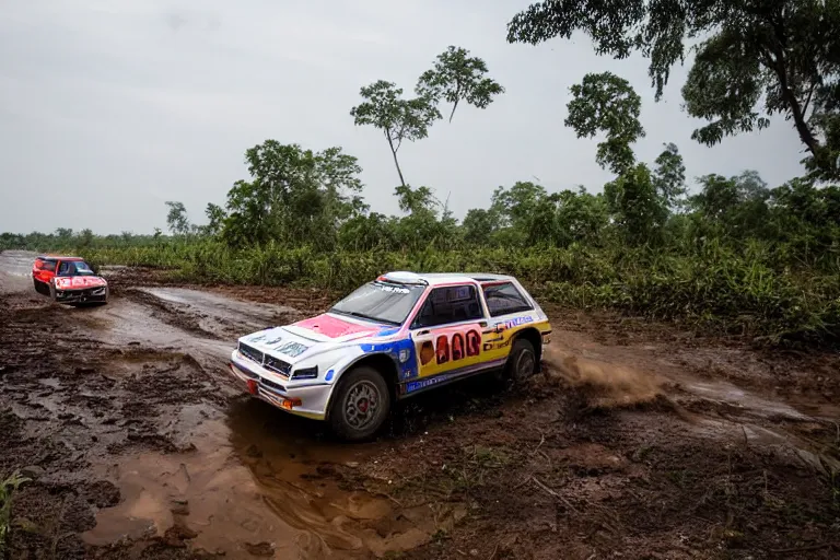 Image similar to a group B rally car driving around over a wooden bridge in the Cambodian swamps, high-speed sports photography